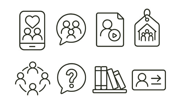 Line style icons of parenting support networks: parenting app icon, support chat group badge, advice podcast file, community resource tag, peer circle board, ask for help bubble, parenting library