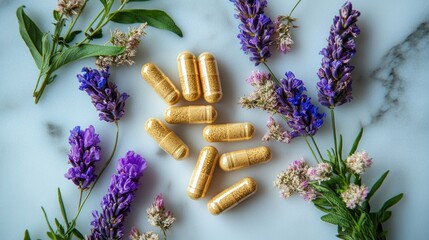 Natural supplement capsules surrounded by lavender flowers