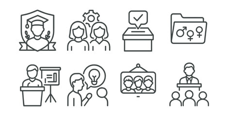 Line style icons of student leadership and voice: student council equity badge, girls in STEM icon, voice vote board, all genders lead file, class speaker equality chart, idea pitch circle, youth