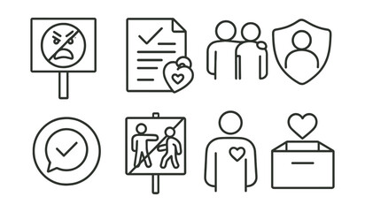 Line style icons of safe and respectful spaces: anti-bullying poster icon, report with care tag, support peer badge, trusted adult file, safe chat circle, no harassment zone board, body respect