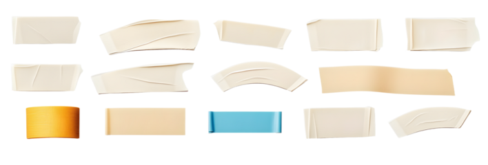 set of various pieces of masking tape isolated with clipping path on a white background..