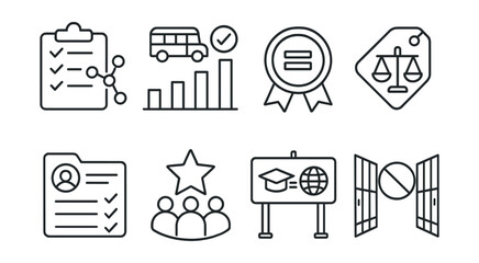 Line style icons of equal access to opportunity: subject choice tracker icon, field trip participation chart, after-school equity badge, course enrollment balance tag, voice in electives file,