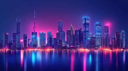 Fototapeta premium Vibrant cityscape at night illuminated skyscrapers reflected in water