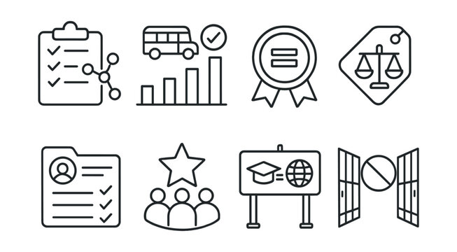 Line style icons of equal access to opportunity: subject choice tracker icon, field trip participation chart, after-school equity badge, course enrollment balance tag, voice in electives file,