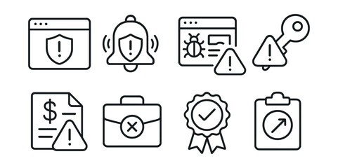 Line style icons of Web3 cybersecurity: cybersecurity news alert, security incident update, protocol breach newsfeed, compromised private key alert, stolen funds report icon, lost assets warning,