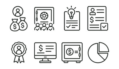 Line style icons of DAO: DAO treasury fund, multi-signature treasury approval, treasury spending proposal, funding request form, DAO grants distribution, investment DAO badge, treasury balance