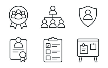 Line style icons of DAO: working group badge, DAO subcommittee formation, task force creation icon, community guild badge, contributor reward program, bounty task list, open role recruitment, DAO job