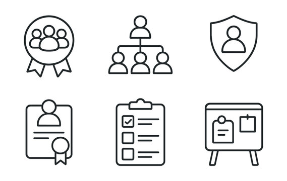 Line style icons of DAO: working group badge, DAO subcommittee formation, task force creation icon, community guild badge, contributor reward program, bounty task list, open role recruitment, DAO job