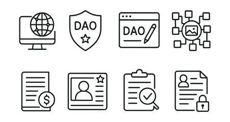 Line style icons of DAO: decentralized media DAO, creator DAO badge, journalism DAO platform, decentralized content curation, media funding proposal, journalist reputation score, fact-checking task