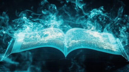 Mystical open book with teal smoke abstract fantasy concept