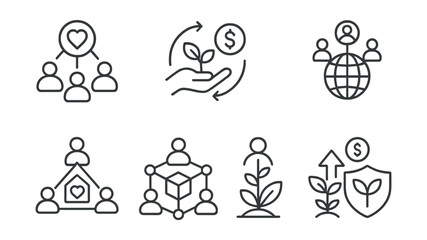 Fototapeta premium Line style icons of DAO: social impact DAO icon, regenerative finance (ReFi) DAO, charity funding DAO, climate action DAO, decentralized non-profit organization, DAO community initiatives, public