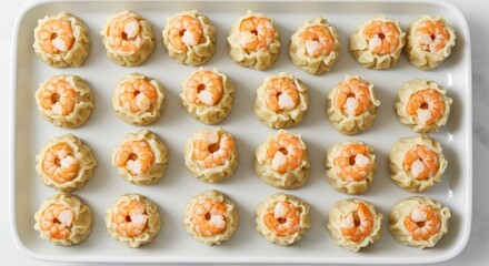 Overhead View Of Shrimp Shumai Dumplings Appetizers Arranged On White Rectangular Tray