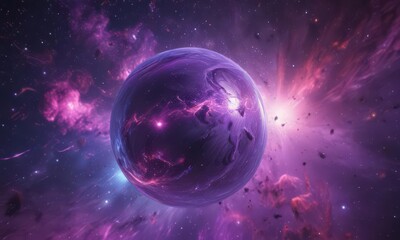 Fototapeta premium Glowing orb floats in vibrant purple nebula Cosmic dust swirls around , vibrant, purple, cosmic
