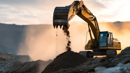 An excavator skillfully operates at a construction site, pushing dirt outward while silhouetted against a stunning sunset, capturing the essence of progress and hard work.