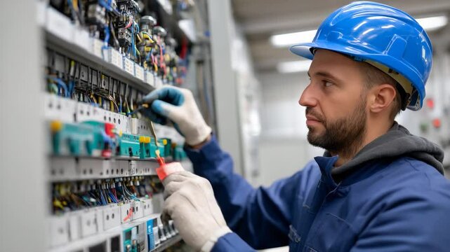 A skilled electrician carefully works on complex wiring systems in a control panel, symbolizing precision, safety, and technical expertise within the electrical industry.
