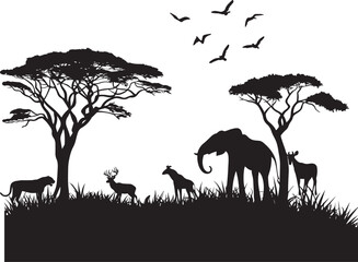 Africa Safari Savanna Landscape of Wild Animals and Trees Wildlife Silhouette Vector Illustration on Transparent Background
