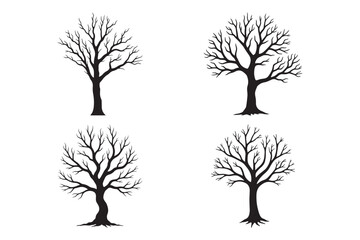 Set Of Black and White Barren Tree Silhouette Illustration with Spreading Branches