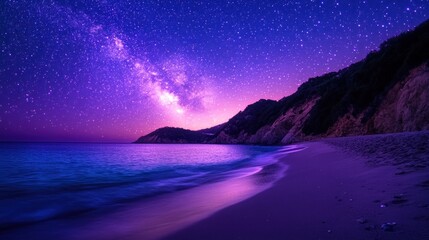 Fototapeta premium Milky way over tranquil beach night scene purple blue hues starry sky