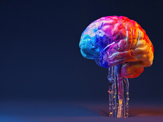 Glowing digital brain rendered in vivid neon blue and orange, representing artificial intelligence, imagination, and futuristic creative energy in a surreal style with copy space on side