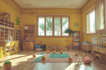 Bright kindergarten classroom with no children, filled with colorful toys, shelves, and learning materials. Warm light, organized space, and playful atmosphere