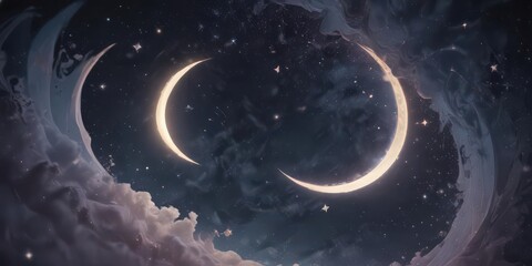 Soft, faded paper, stylized stars, crescent moon, galaxy swirl ,  occult,  pattern