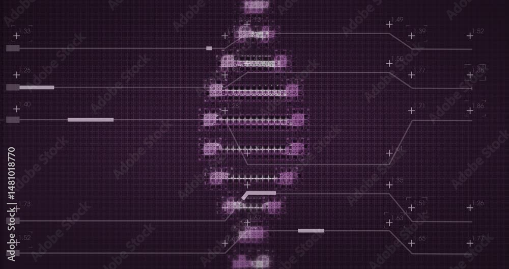 Poster digital panel displaying vertical stack glowing magenta nodes linking wave bands numeric labels