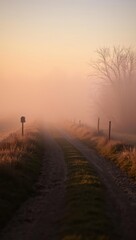 Foggy country road at dawn with misty surroundings and soft lighting