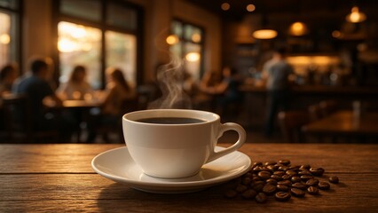 Obraz premium Steaming Cup of Coffee on Rustic Wooden Table in Cozy Café