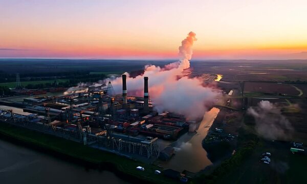Factory on colorful sky background at sunset. Harmful smoke filling the air from industrial pipe in the evening. Manufacturing near the river. Aerial view.