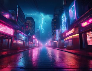Straßenszene bei Nacht mit Blitzen und Neon