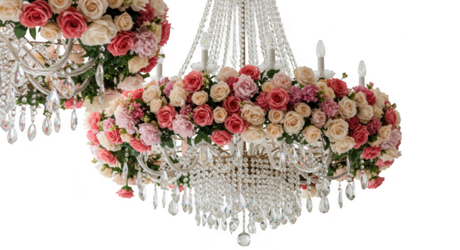 Floral chandelier with crystal pendants isolated on transparent background