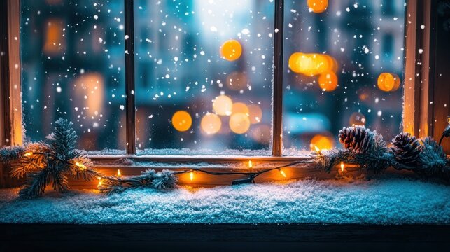 Cozy winter window scene with snowfall and string lights