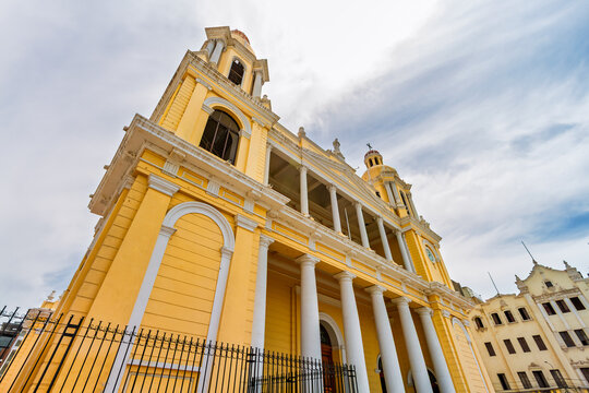 Facade of the cathedral of Chiclayo, Peru, view from below