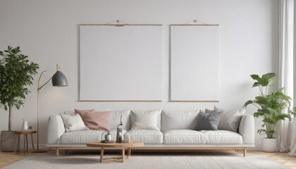 Modern living room, poster mockup on white wall, wooden clips ,  decor,  white background,  clean aesthetic