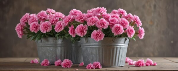 Obraz premium Full bloom pink carnations in galvanized zinc bucket, Happy Mother's Day message , image, rustic