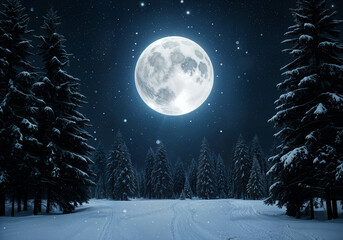 Moonlight Night Winter Landscape Scenery Forest with Full Moon