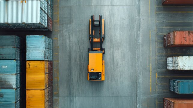 Aerial view of orange forklift moving between stacks of cargo containers in a shipyard.
