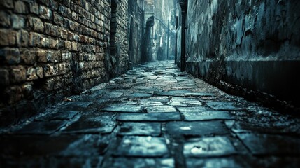 Dark cobblestone alleyway aged brick walls gloomy day urban texture historic cityscape