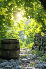 Wooden water bucket by the ancient well under the sunshine