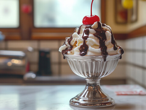 Chocolate ice cream sundae topped with whipped cream and chocolate shavings in glass, studio photo