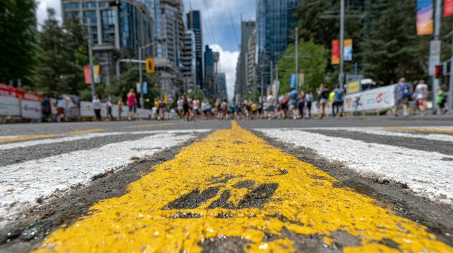 Vibrant Yellow Road Marking Leading to a Busy Urban Scene - Powered by Adobe