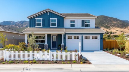 Modern two story house blue exterior white fence landscaping daytime