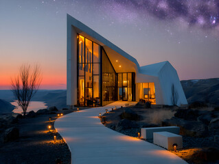 Modern building at twilight. Milky Way fills the sky, path glowing warmly