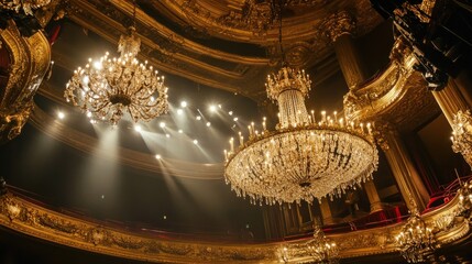 Grand crystal chandeliers in ornate theater interior