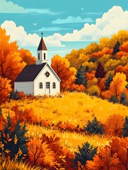 Naklejka premium The golden autumn bell of a small church in the mountains