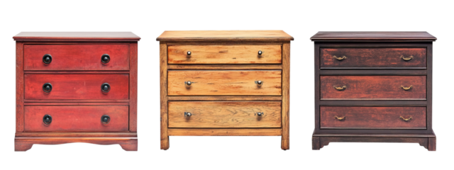 Set of three different bedroom dressers with distinctive hardware isolated on white