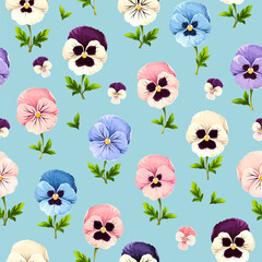 Seamless floral pattern with pink, blue, purple, and white pansy flowers on a blue background. Vector floral print