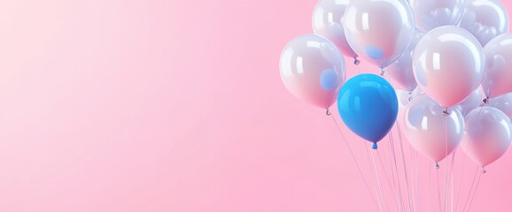 a bunch of white and silver balloons on the right side, with one balloon in blue against a pink background Generative AI