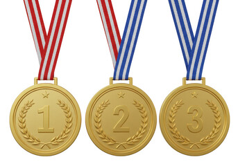 Gold medals with ribbons for first second and third place isolated on transparent background