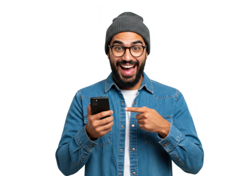 Excited man pointing at smartphone isolated on transparent background